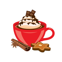 Red mug of hot chocolate with cinnamon and gingerbread icon vector. Cup of cocoa with whipped cream vector. Sweet winter drink icon isolated on a white background. Christmas beverage vector