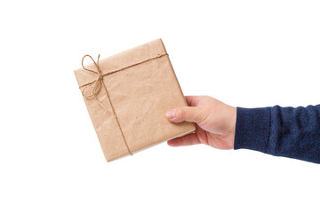 A man's hand with a gift, isolated on a white background.