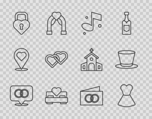 Set line Wedding rings, Woman dress, Music note, Bedroom, Castle the shape of heart, Two Linked Hearts, Greeting card and Cylinder hat icon. Vector
