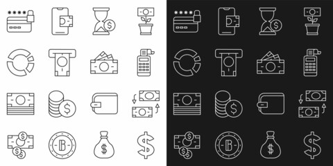 Set line Dollar symbol, Money exchange, Cash register machine, Hourglass with dollar, ATM and money, Pie chart infographic, Credit card lock and Stacks paper cash icon. Vector