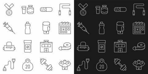 Set line Bodybuilder muscle, Tape measure, Calendar fitness, Vitamin pill, Fitness shaker, Doping syringe, Medal and Boxing glove icon. Vector