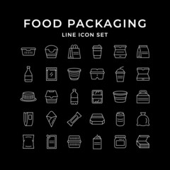 Set line icons of food packaging isolated on black