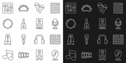 Set line Location musical note, Drum machine, Microphone, Maracas, Balalaika, Dial knob level, Sound mixer controller and Stereo speaker icon. Vector