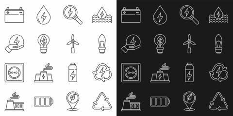 Set line Recycle symbol, Battery with recycle, Light bulb, Lightning bolt, leaf, Car battery and Wind turbine icon. Vector
