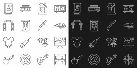 Set line Periodic table, Genetic engineering modification, Experimental mouse, Test tube flask stand, animal, book and Pipette icon. Vector