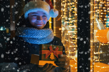 Fototapeta na wymiar Boy in Santas hat with gifts box near illuminated shop window. Xmas presents holidays, or shopping on New Year or Christmas concept