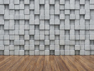 Wall of concrete cubes and wooden floor. 3D rendering - 469351609