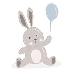 Illustration cute rabbit, bunny with a blue balloon