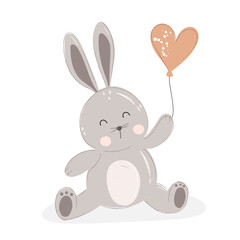 Illustration cute rabbit, bunny with a red heart shaped balloon