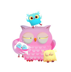 Mother owl with naughty kids, tired and sleeping. Funny owl birds family, mom with children sleeping and playing. Vector humorous illustration in watercolor style.