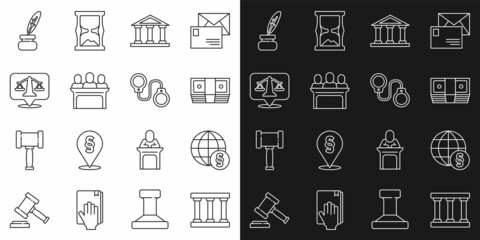 Set line Prison window, International law, Bribe money cash, Courthouse building, Jurors, Scales of justice, Feather and inkwell and Handcuffs icon. Vector