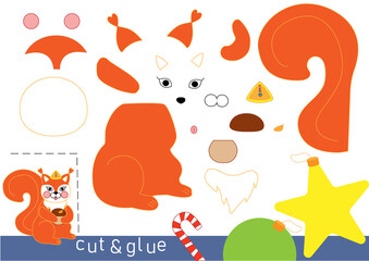 Vector squirrel with a mushroom. Paper educational game for kids. Vector cut and glue activity. Holiday DIY worksheet.