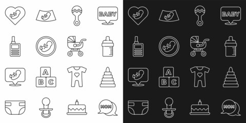 Set line Speech bubble mom, Pyramid toy, Baby bottle, Rattle baby, Monitor Walkie Talkie, inside heart and stroller icon. Vector