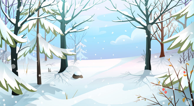 Winter landscape with trees and pine trees, woods covered with snow, Christmas snowdrifts and frost realistic horizontal illustration. Vector winter nature poster design.
