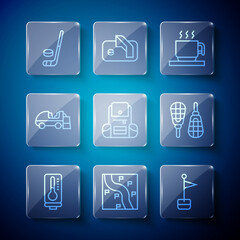 Set line Meteorology thermometer, Route location, Location marker, Hot chocolate cup, Hiking backpack, Ice resurfacer, hockey stick and puck and Snowshoes icon. Vector