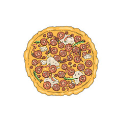 Pizza with pepperoni, tomato and mozzarella cartoon flat vector illustration, top view. Round pizza base with toppings.