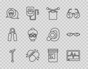 Set line Walking stick cane, Monitor with cardiogram, Knitting, Medicine pill tablet, Grandmother, bottle pills and Eyeglasses icon. Vector