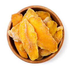 Dried mango slices in a plate on a white background, isolated. Top view