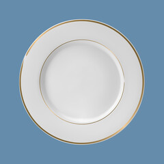 Ceramic plate with gold border. Mock up. Blank for logo or text placement. Vector illustration. Isolated monochromatic background

