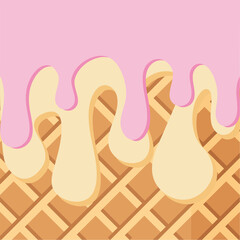 Vector ice cream background, ice cream cone, ice cream in a waffle cone, delicious ice cream, vector background, crispy waffle, melting ice cream, melting ice cream flows down the waffle, cream, cute.