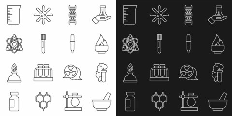 Set line Mortar and pestle, Chemical explosion, Alcohol spirit burner, DNA symbol, Test tube flask, Atom, Laboratory glassware beaker and Pipette icon. Vector