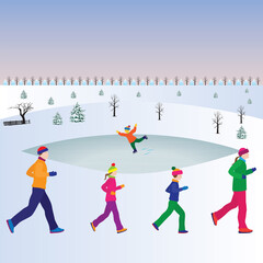 Running family. In winter clothes.