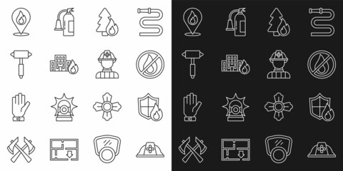 Set line Firefighter helmet, protection shield, No fire, Burning forest tree, burning buildings, axe, Location with flame and icon. Vector