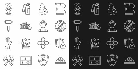 Set line Firefighter helmet, protection shield, No fire, Burning forest tree, burning buildings, axe, Location with flame and icon. Vector