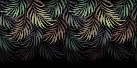 Tropical seamless border. Exotic colorful, green palm leaves on dark background. Glamorous pattern. Hand-drawn 3D illustration. Dark floral foliage, jungle. Luxury wallpaper, cloth, mural, fabric