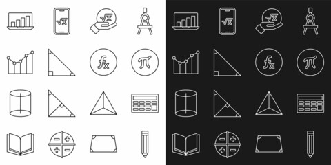 Set line Pencil, Calculator, Pi symbol, Square root of x glyph, Triangle math, Graph, schedule, chart, diagram, Laptop with graph and Function mathematical icon. Vector