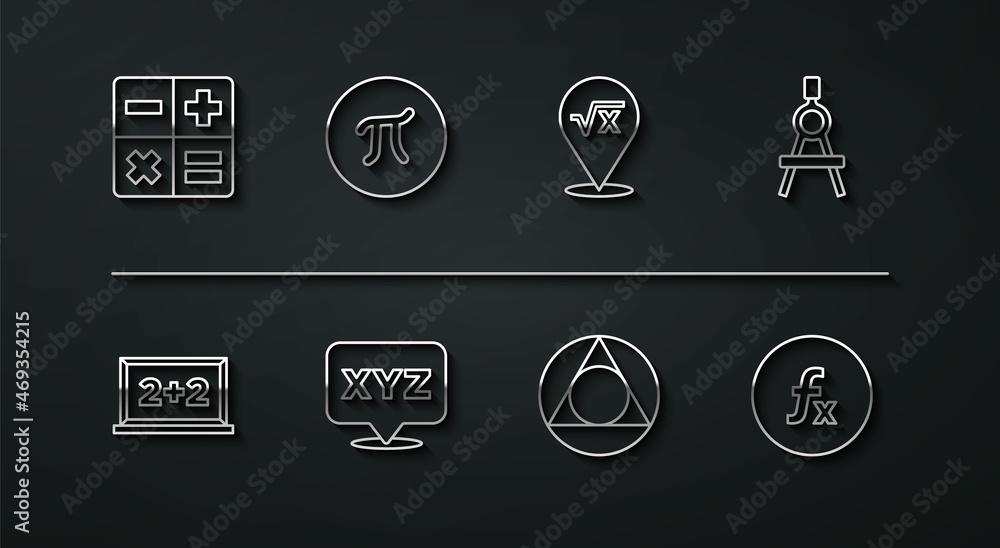 Poster set line calculator, chalkboard, drawing compass, triangle math, xyz coordinate system, pi symbol, f