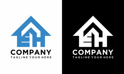 Creative modern minimalist house with E,H sign logo design template on a black and white background.
