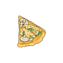 Quattro Formaggi Pizza slice vector illustration. Four cheese pizza cartoon. Piece of Italian Classic Vegetarian Pizza.