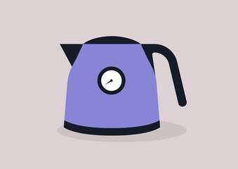 A modern kettle with a thermometer on it, kitchenware appliances