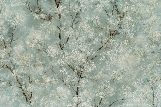 Photo of wallpaper with trees with white flowers. Background and texture with copy space