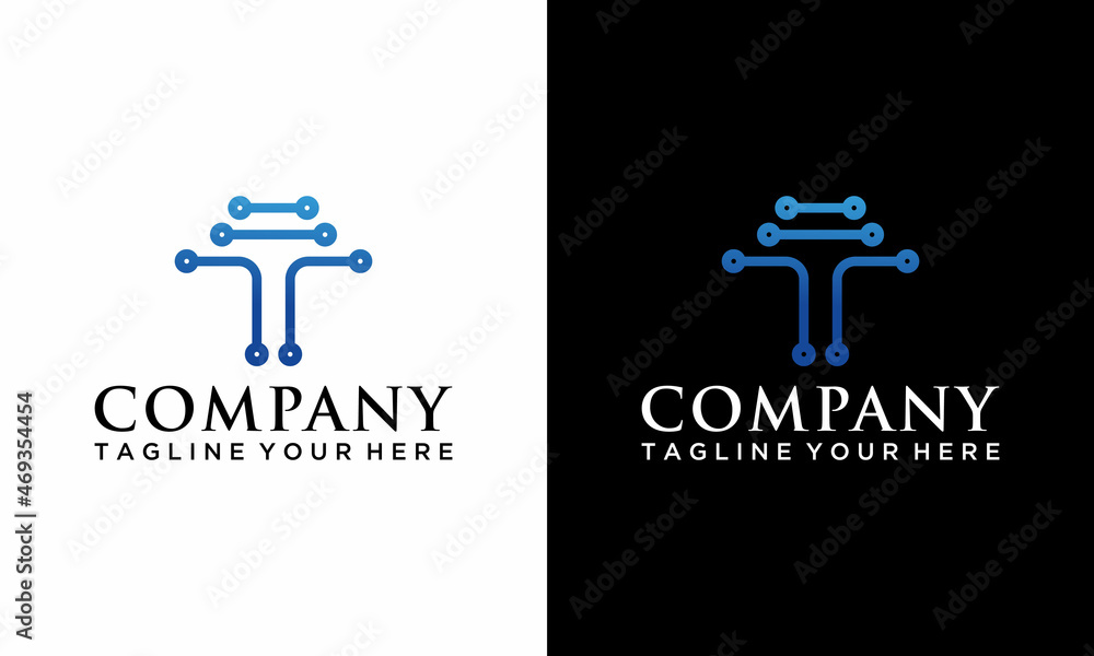 Poster initial letter t logo connected circle symbol. design template element on a black and white backgrou