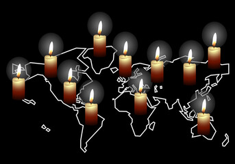Apagón energético  o eléctrico global. Mapa del mundo en trazo blanco  con velas iluminando encima. Apagón energético o eléctrico en Europa en blanco y negro. Apagón tecnológico - obrazy, fototapety, plakaty