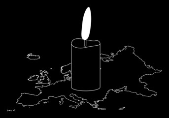 Apagón energético o eléctrico en Europa en blanco y negro. Crisis energética. Mapa de Europa a oscuras con velas encencidas - obrazy, fototapety, plakaty
