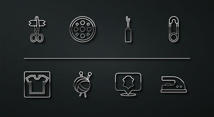 Set line Scissors, Sewing pattern, Safety pin, Leather, Yarn ball with knitting needles, button, Electric iron and Awl tool icon. Vector