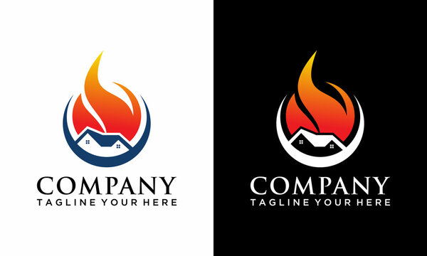 Home fire flame logo design vector template on a black and white background.