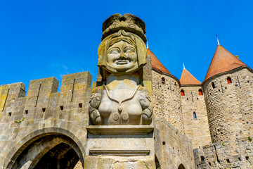 The Bust of the Famous Lady Carcas at the entrance of the citadel of Carcassonne and in legend the...