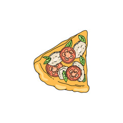 Pizza with homemade sausages and tomato, colorful vector illustration isolated.