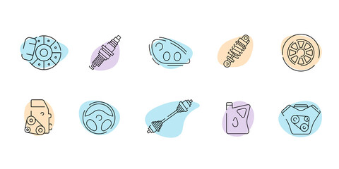 Car spare parts. Stylish auto parts, vector icons isolated on white background.