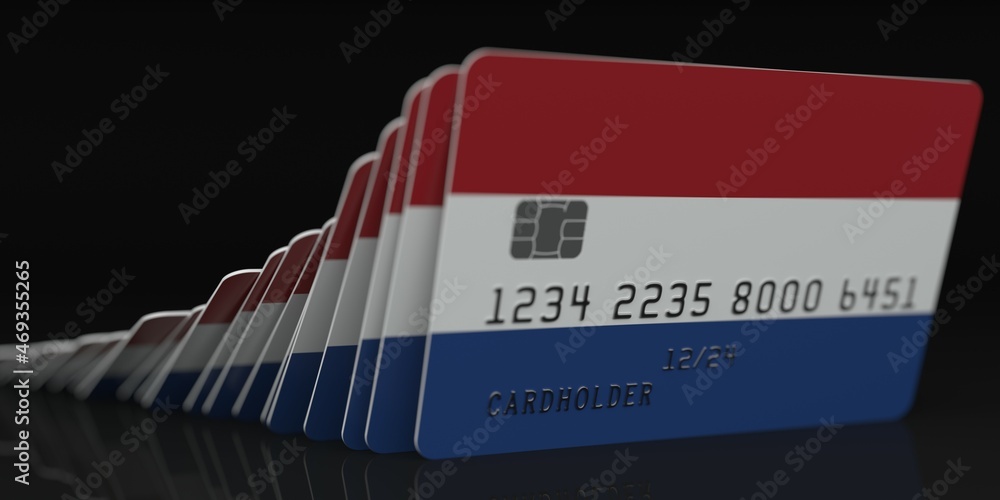 Poster domino effect, fallen credit cards with flags of the netherlands. fictional data on card mockups. ba