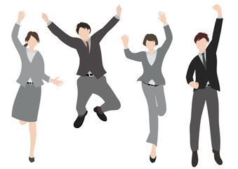 イラスト素材：ジャンプして喜んでいる複数のビジネスパーソン（スーツバージョン）