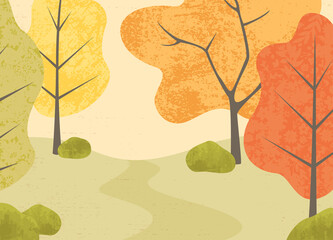 An abstract outdoor scene of autumn trees in a cut paper style with textures
