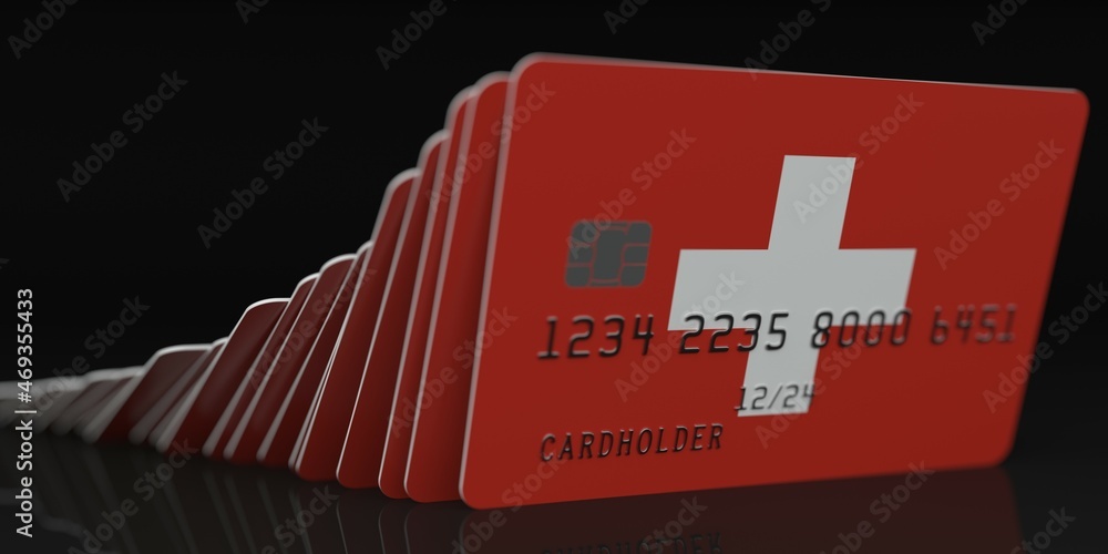 Poster domino effect, fallen credit cards with flags of switzerland. fictional data on card mockups. bankin