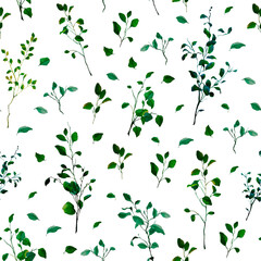 Watercolor floral seamless pattern with branches and leaves isolated on white background. Illustration perfect for decoration fabric and textile, wrapping paper, wallpaper, wedding invitations.
