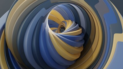 3d render of abstract art of surreal 3d lines in swirl infinity twisted round shape in blue yellow matte plastic material