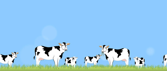 Seamless pattern Spring landscape with green meadow, family cows grazing eating grass in sunny day,Endless Vector cartoon Summer field of green meadow with blue sky,Horizontal background banner © Anchalee